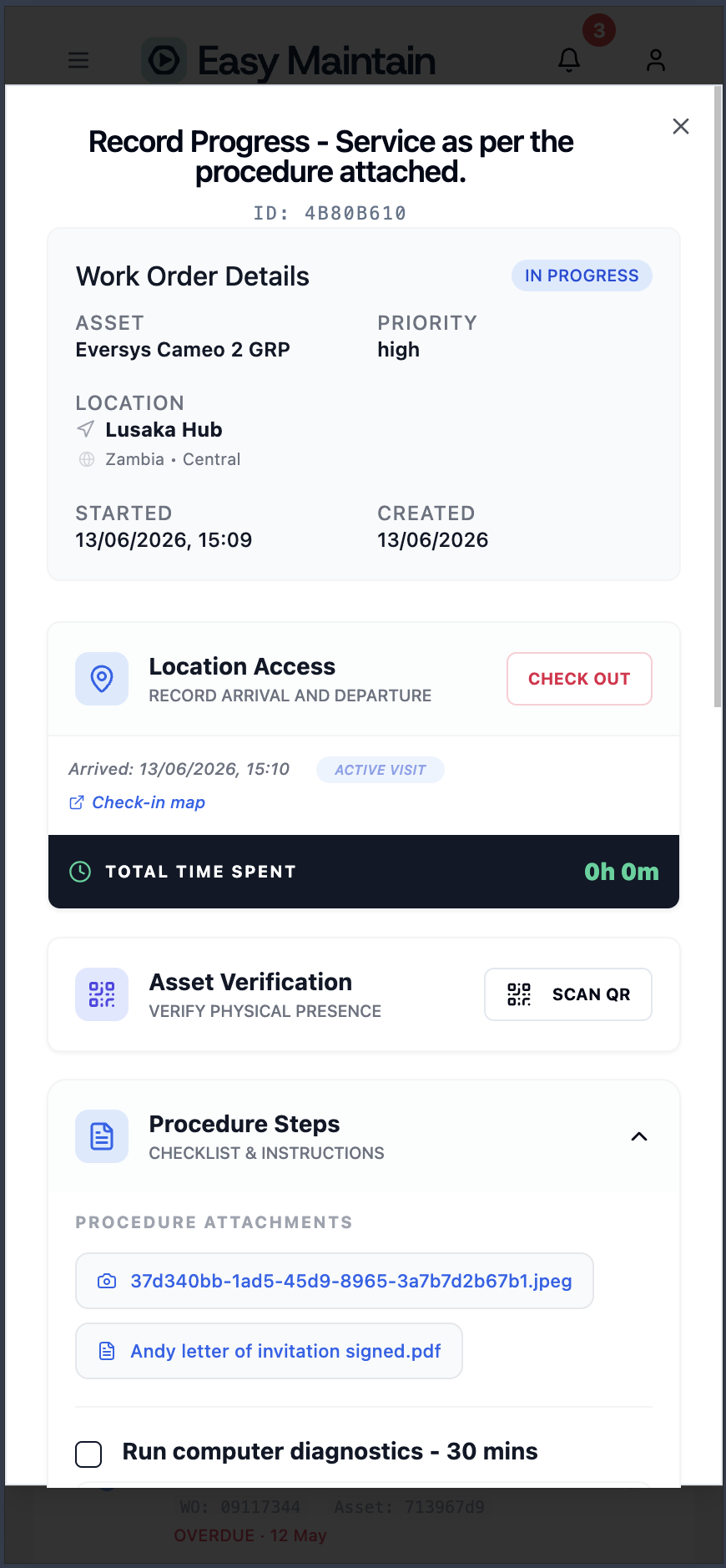 GPS Check-out and close-out in the Easy Maintain maintenance management system